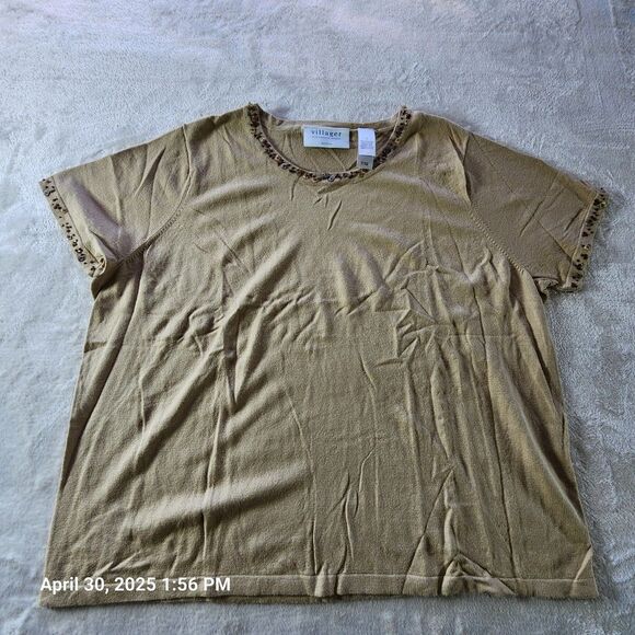 Villager Woman Plus Sz 2 Brown Tan Short Sleeve Top Embellished Neck Sleeve Egde - Picture 1 of 8